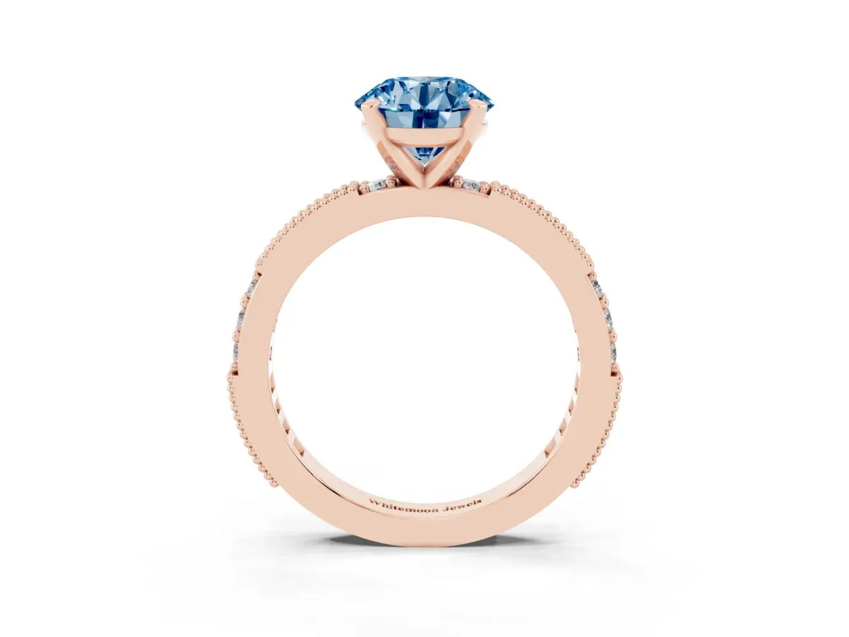 Fancy Blue Round Cut Solitaire with Pavé Band and Four-Prong Setting Rose gold