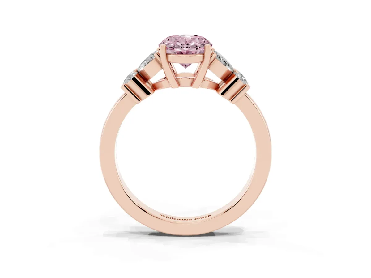 Fancy Pink Oval Cut Diamond Floral Cluster Ring with Solitaire Band and Prong Setting Rose gold