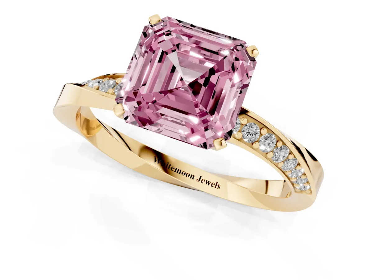 Fancy Pink Asscher Cut Diamond Engagement Ring with Side Stone Accents and Four-Prong Setting Yellow gold