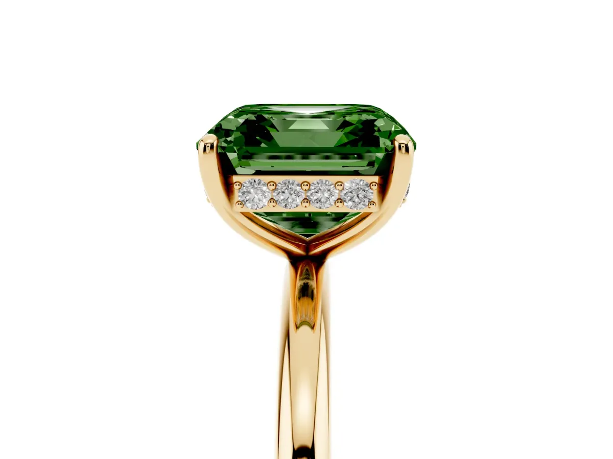 Fancy Green Asscher Cut Solitaire Diamond Ring with a Classic Band and Four-Prong Setting Yellow gold