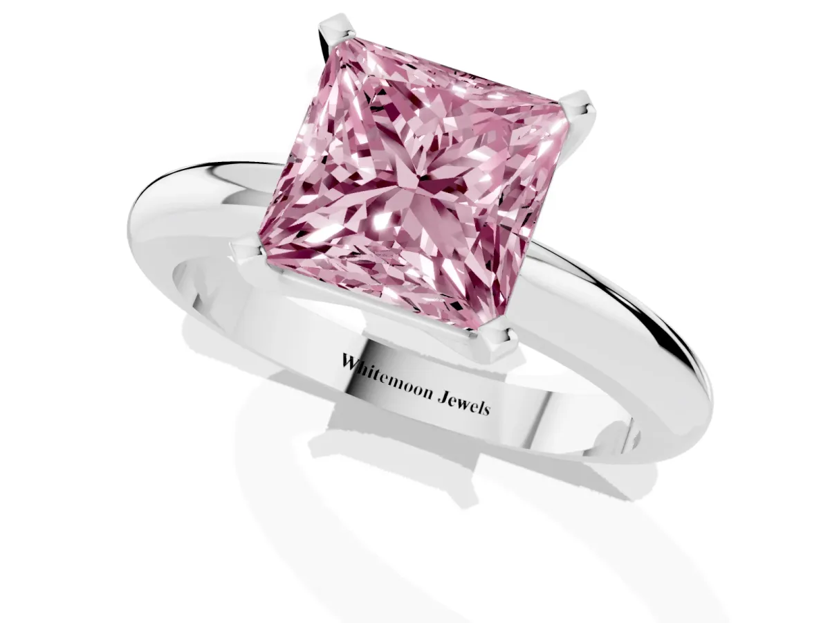 Fancy Pink Princess Cut Diamond Solitaire Engagement Ring with Round Band and Four-Prong Setting Silver