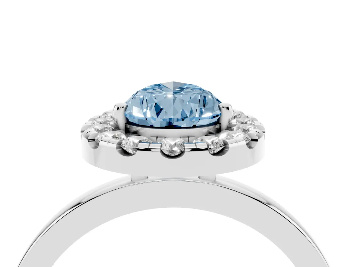 Fancy Blue Pear Cut Halo Diamond Solitaire with Pavé Band and Four-Prong Setting Silver