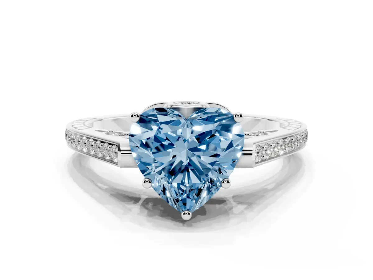 Fancy Blue Heart Cut Cut Cathedral Pave Diamond Engagement Ring with Six-Prong Setting Silver
