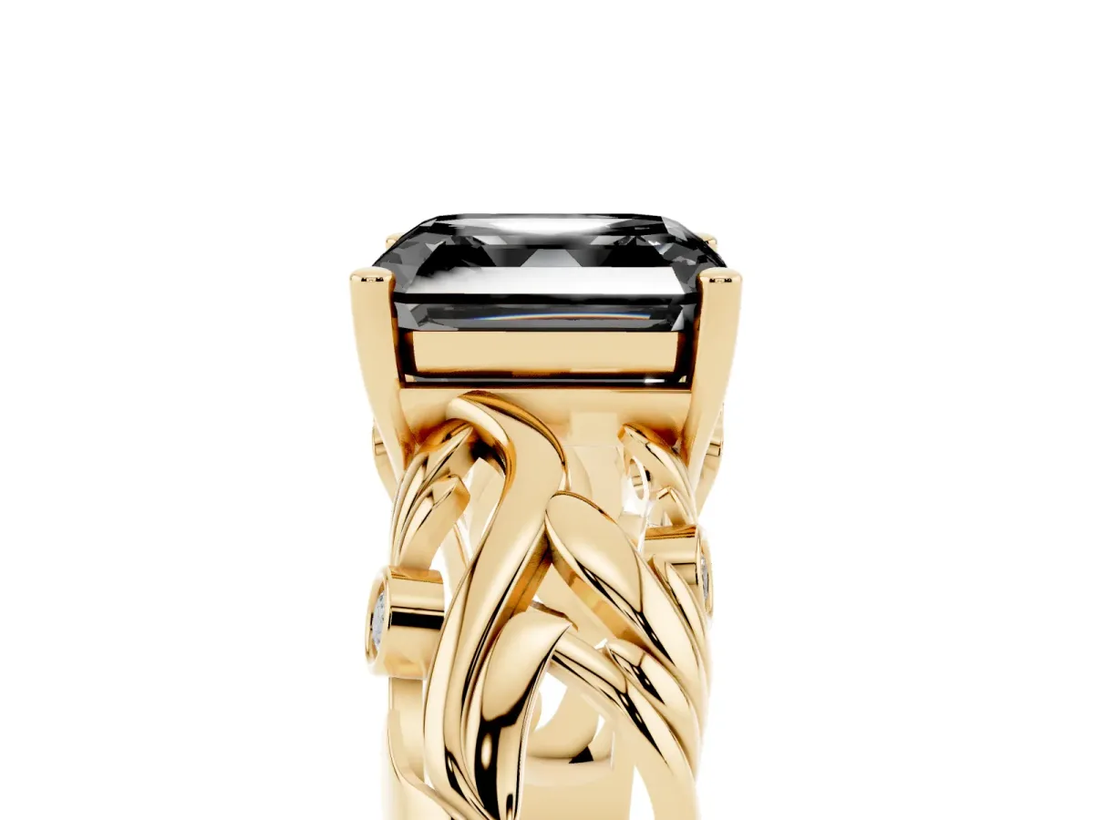 Fancy Black Asscher Cut Solitaire Diamond Leaf-Inspired Vine Band Ring with Prong Setting Yellow gold