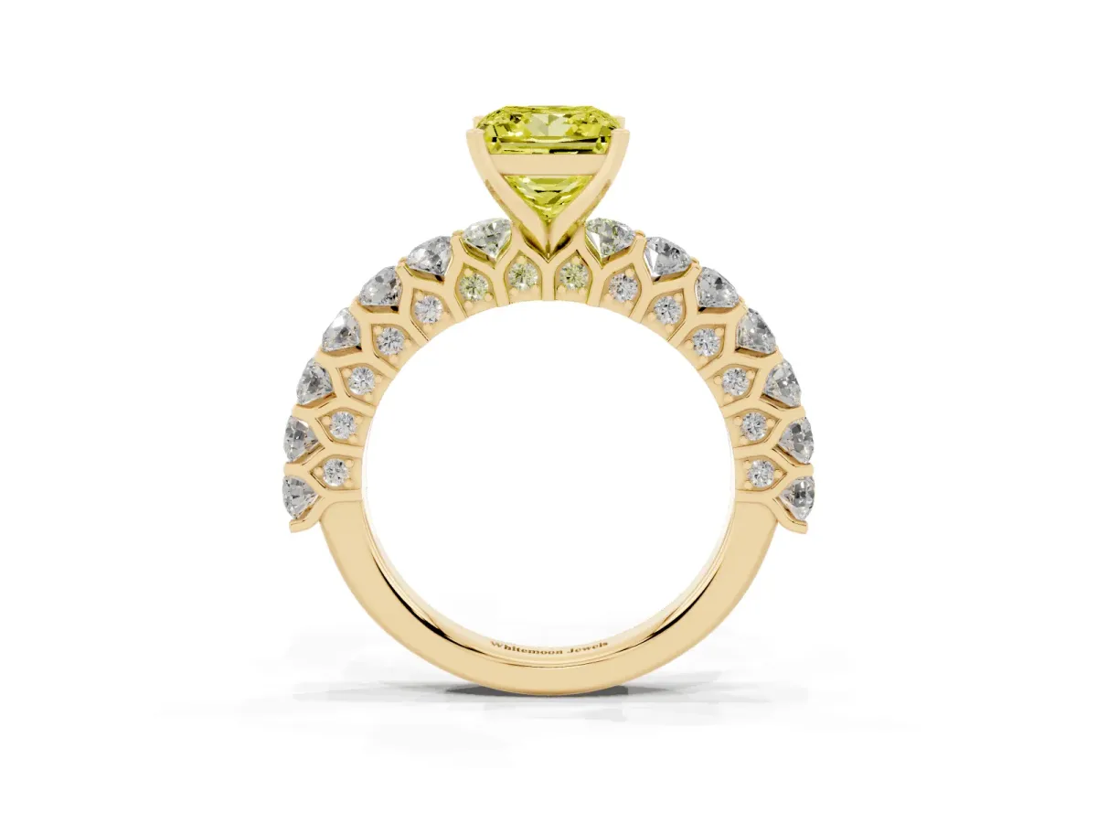 Fancy Yellow Princess Cut Diamond Solitaire Ring with Shared Prong Pavé Band and Four-Prong Setting Yellow gold