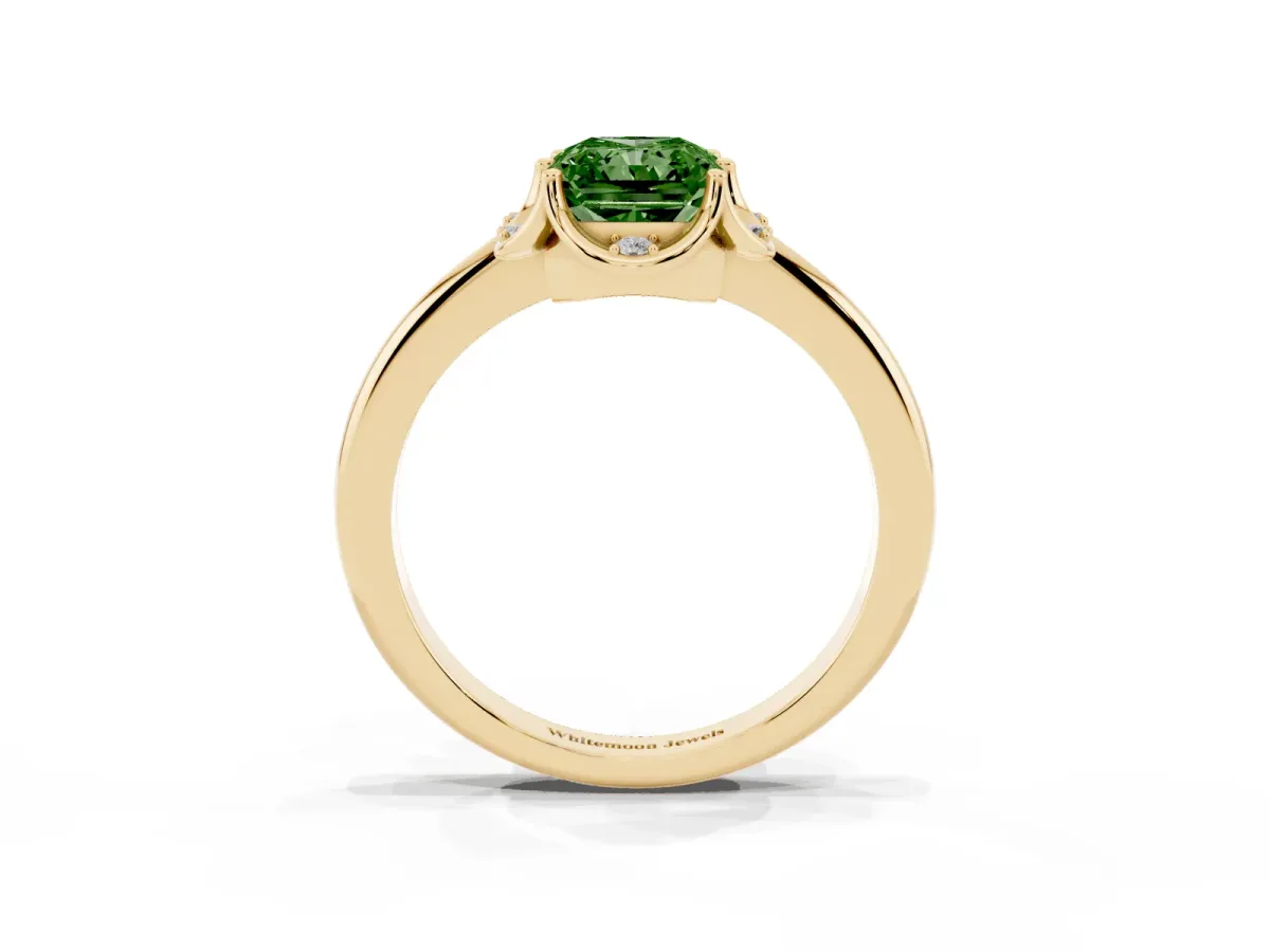 Fancy Green Radiant Cut Halo Diamond Ring with Round Cluster Setting, Solitaire Band, and Four-Prong Setting Yellow gold