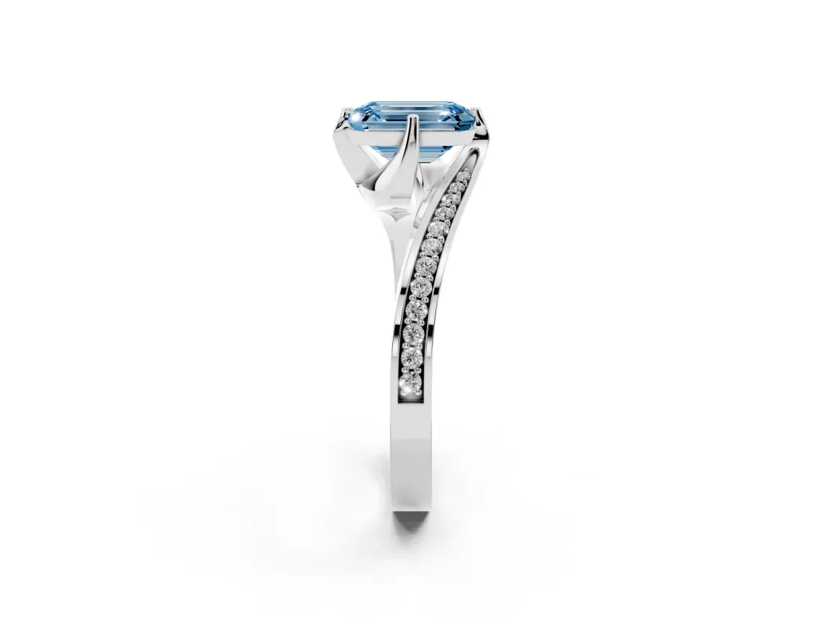 Fancy Blue Emerald Cut Solitaire Diamond Twist Band with Pavé Setting and Four-Prong Setting Silver