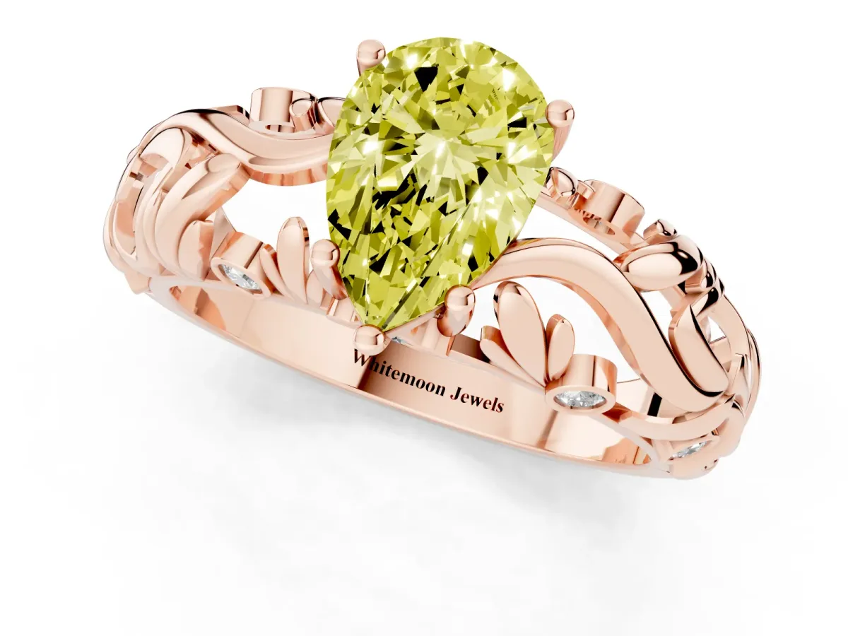 Fancy Yellow Pear Cut Solitaire Diamond Leaf-Inspired Vine Band Ring with Prong Setting Rose gold