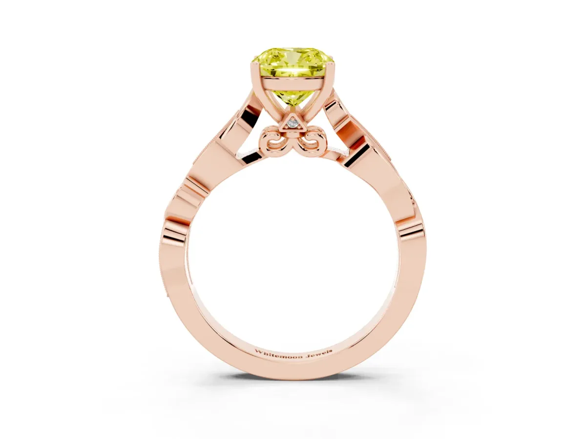Fancy Yellow Cushion Cut Solitaire Vine Band with Milgrain Prong Setting Rose gold