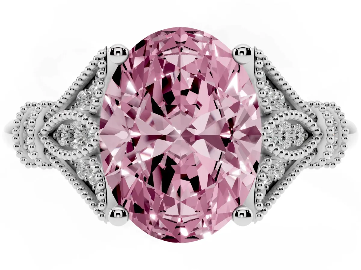 Fancy Pink Oval Cut Diamond Solitaire Ring with Floral Filigree and Pave Accents Platinum