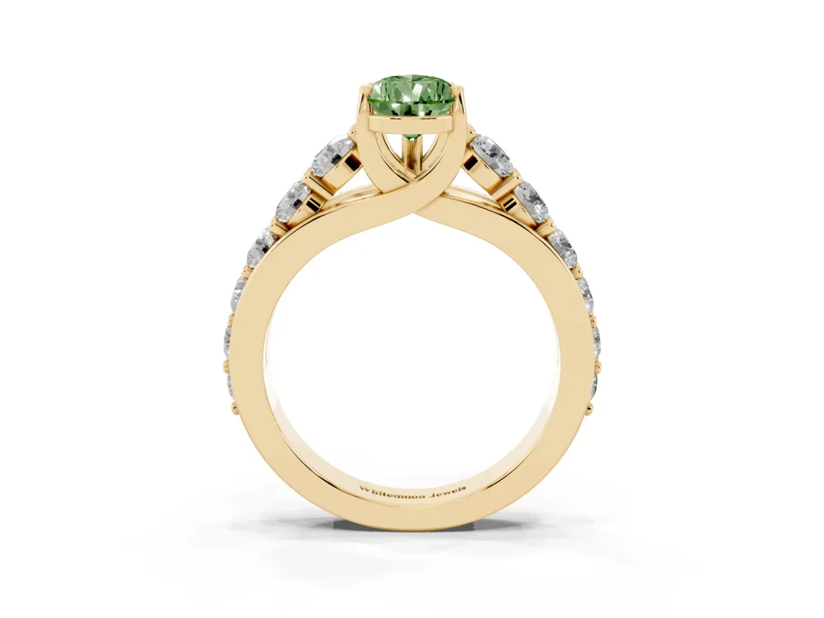 Fancy Green Pear Cut Diamond Engagement Ring with Pavé Band and Four-Prong Setting Yellow gold
