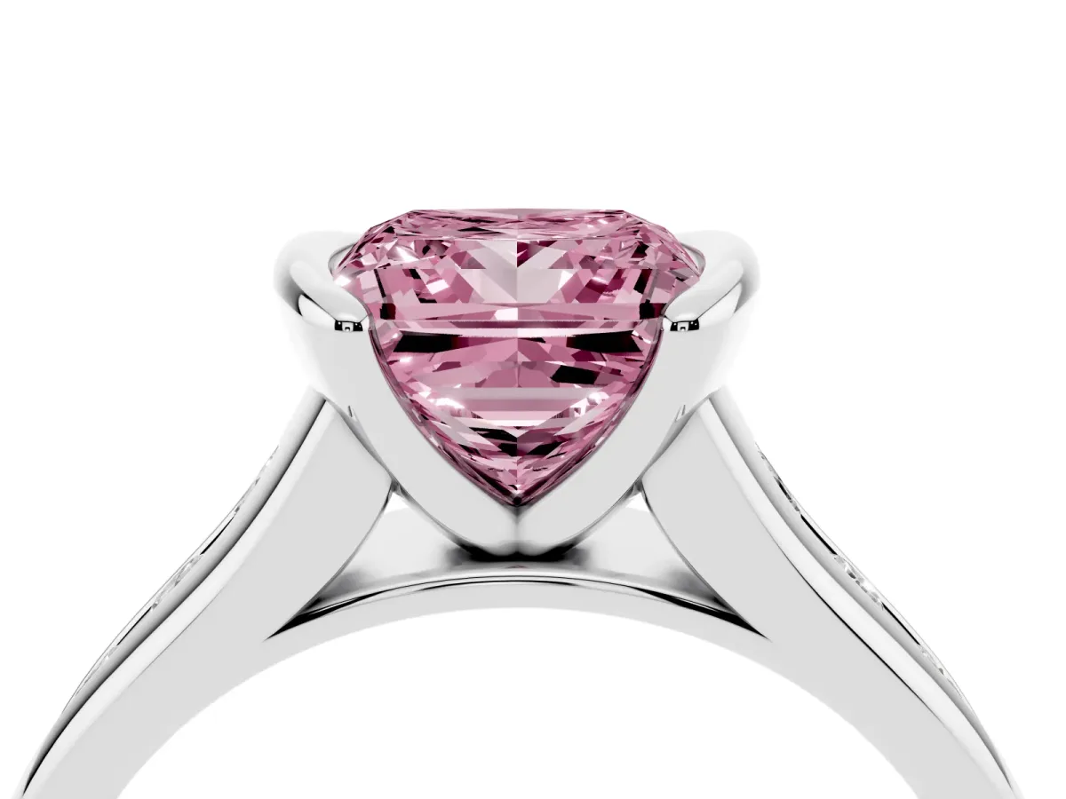 Fancy Pink Princess Cut Solitaire Bezel-Set Diamond Ring with Channel-Set Band Silver
