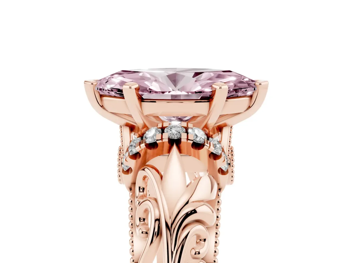 Fancy Pink Marquise Cut Solitaire Filigree Engagement Ring with Halo and Prong Setting Rose gold