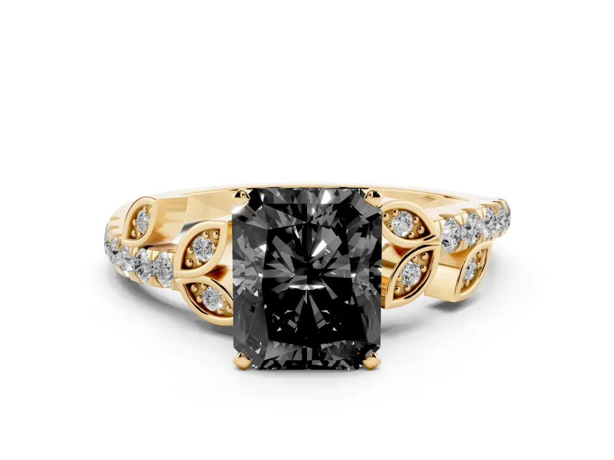 Fancy Black Radiant Cut Solitaire Leaf-Inspired Diamond Ring with Pavé Band and Four-Prong Setting Yellow gold