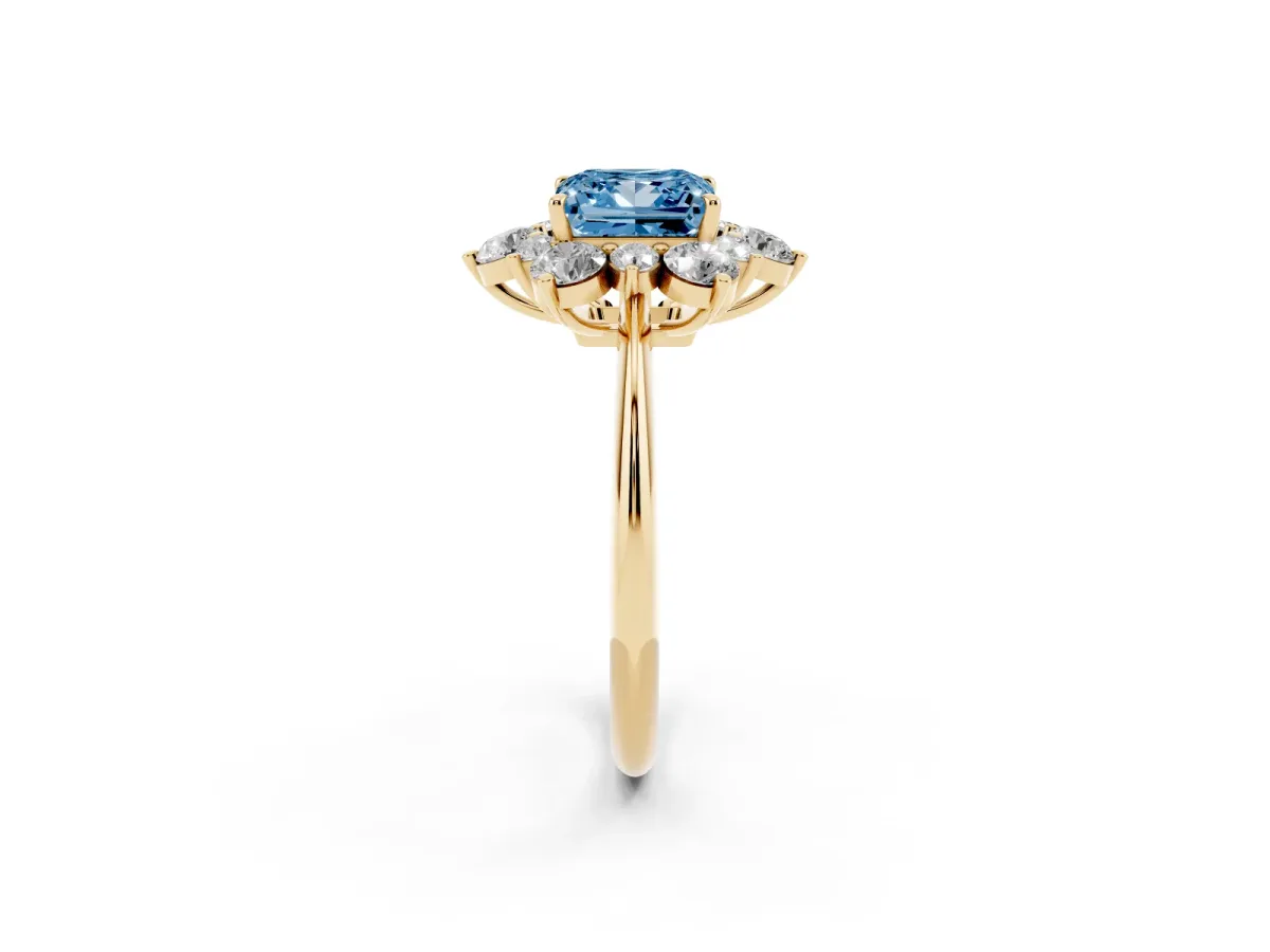 Fancy Blue Princess Cut Diamond Cluster Halo Ring with Solitaire Band and Four-Prong Setting Yellow gold