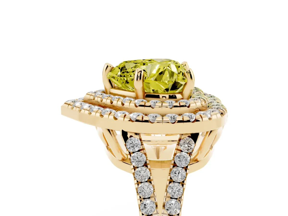Fancy Yellow Heart Cut Diamond Double Halo Ring with Pavé Band and Prong Setting Yellow gold