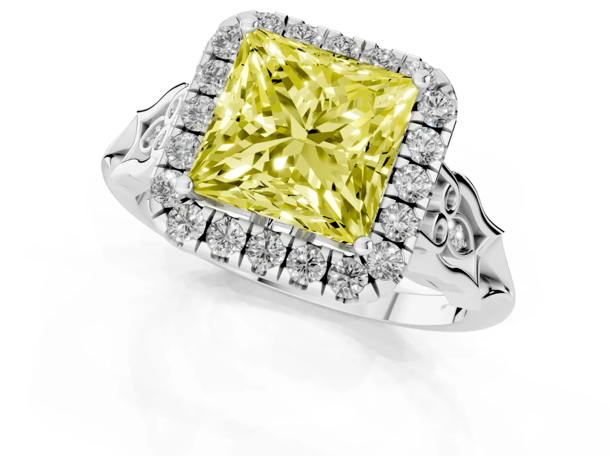 Fancy Yellow Princess Cut Halo Diamond Engagement Ring with Filigree Band and Four-Prong Setting White gold