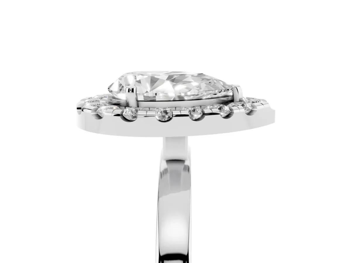 Pear Cut Halo Diamond Solitaire with Pavé Band and Four-Prong Setting Platinum