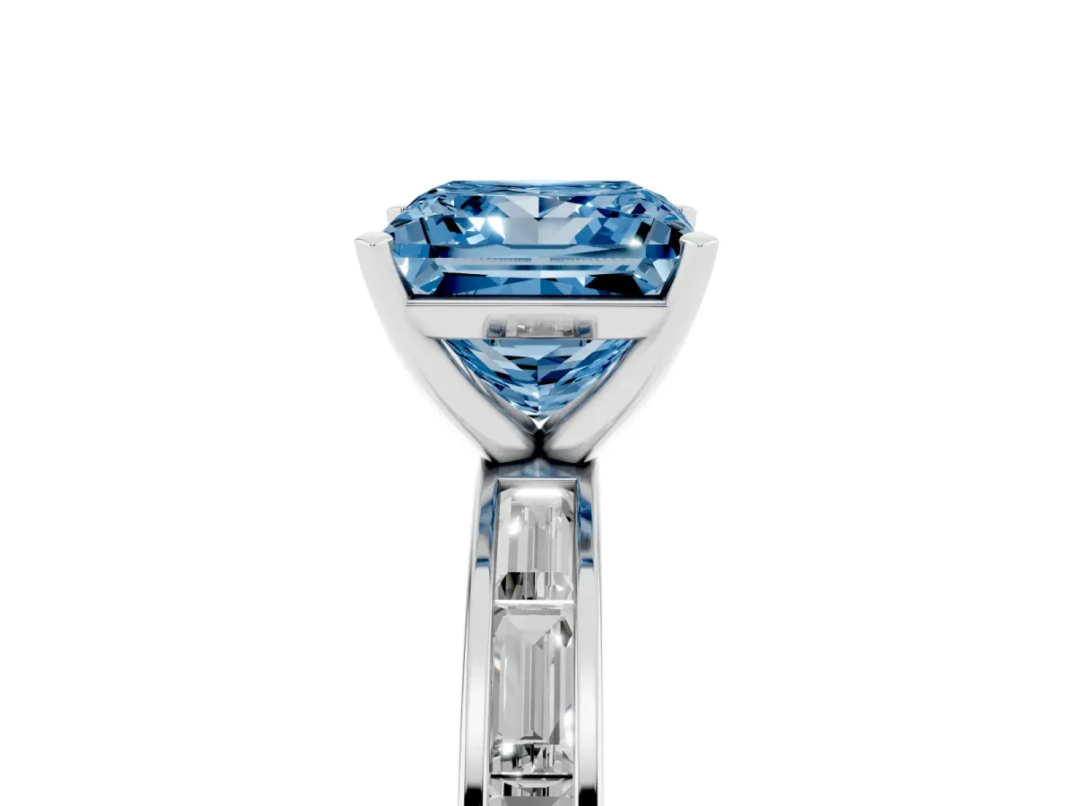 Fancy Blue Princess Cut Solitaire Diamond Ring with Channel-Set Baguette Band and Four-Prong Setting Platinum