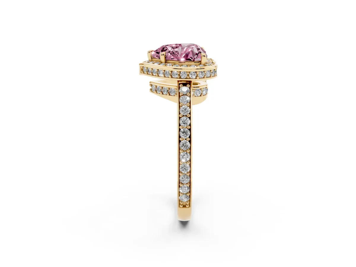 Fancy Pink Heart Cut Halo Pave Band Solitaire Ring with Prong Setting Yellow gold