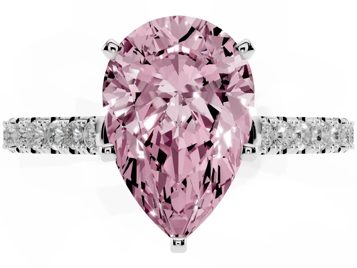 Fancy Pink Pear Cut Cut Solitaire Diamond Engagement Ring with Pave Band and Four-Prong Setting Platinum