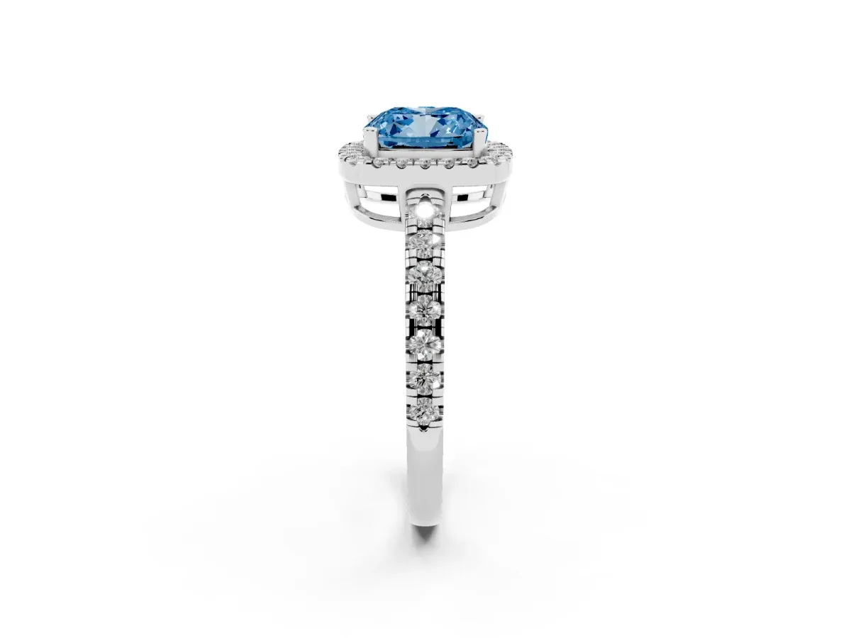 Fancy Blue Cushion Cut Diamond Halo Ring with Pavé Band and Four-Prong Setting White gold