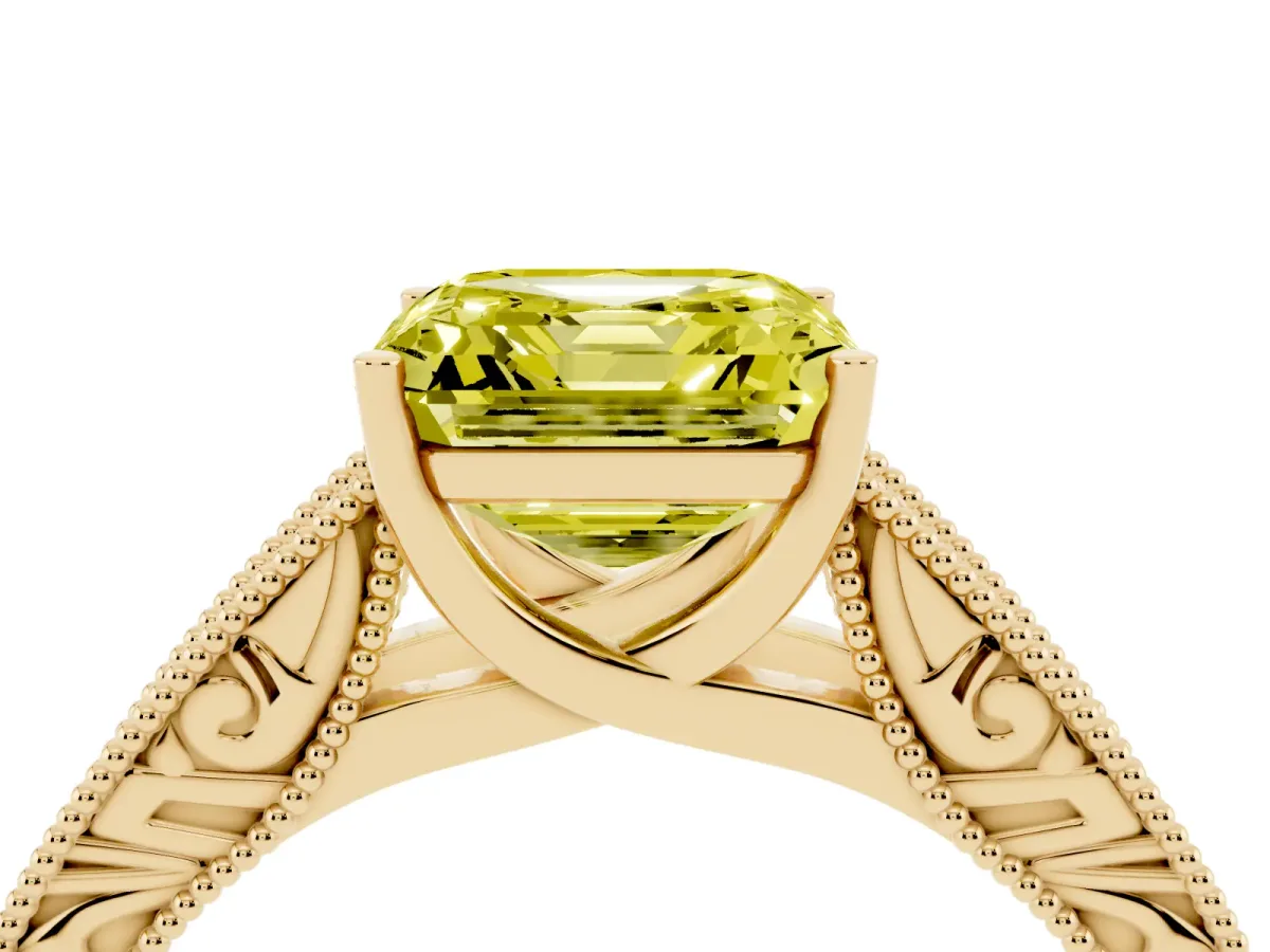 Fancy Yellow Asscher Cut Diamond Solitaire Ring with Engraved Band and Four-Prong Setting Yellow gold
