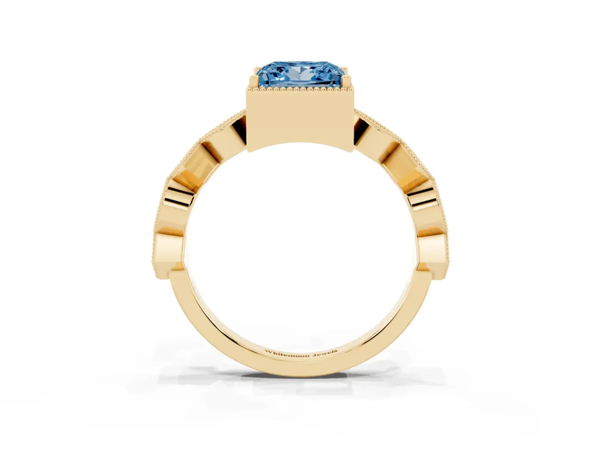 Fancy Blue Princess Cut Milgrain Marquise Diamond Twist Band Ring Yellow gold