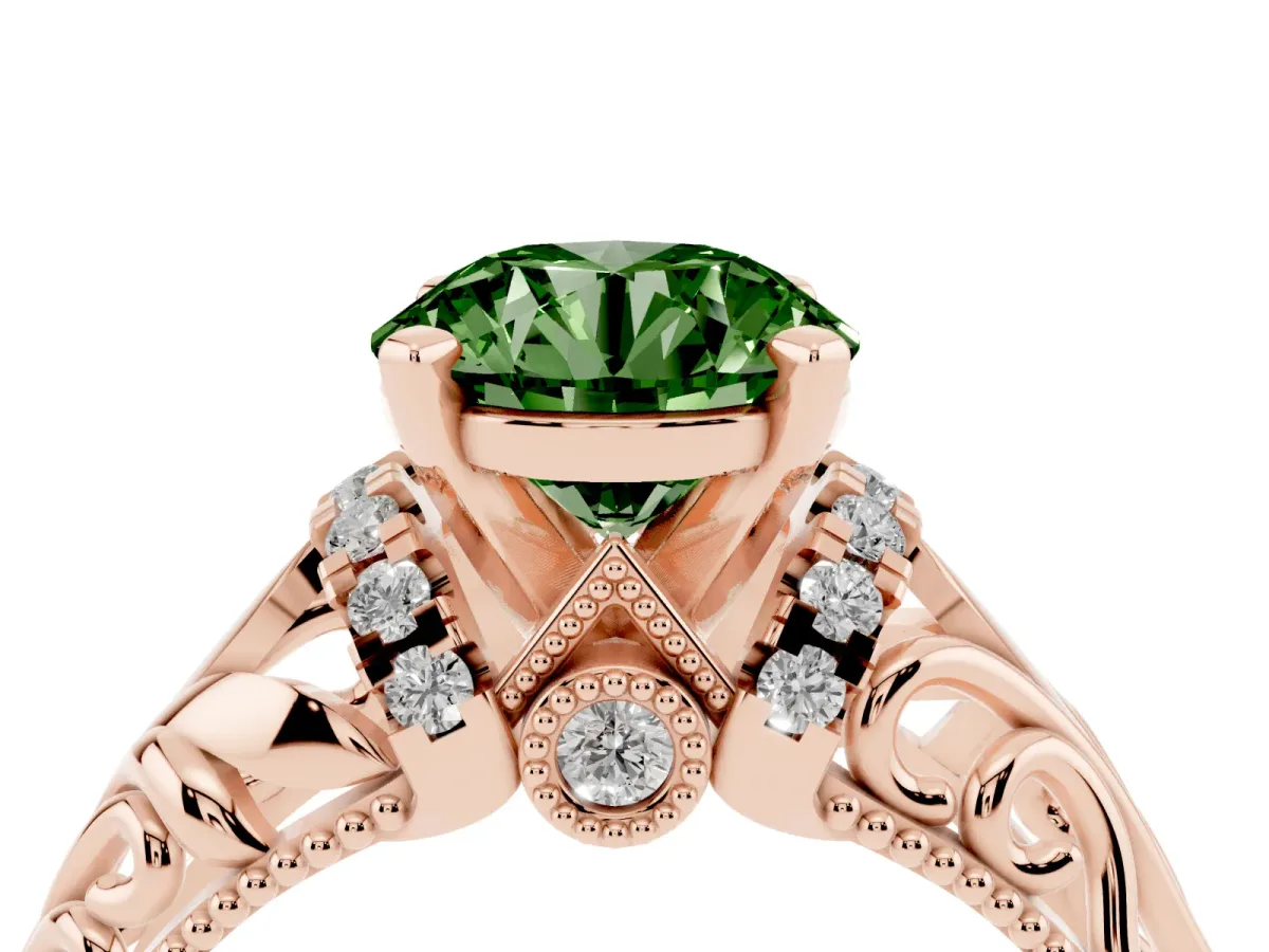 Fancy Green Round Cut Solitaire Filigree Engagement Ring with Halo and Prong Setting Rose gold
