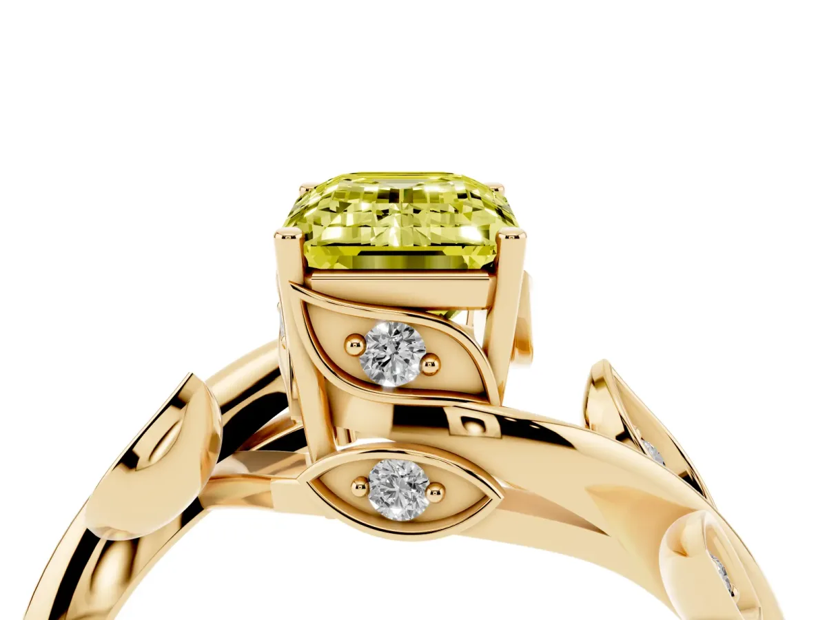 Fancy Yellow Emerald Cut Solitaire Twist Engagement Ring with Leaf Accents and Prong Setting Yellow gold