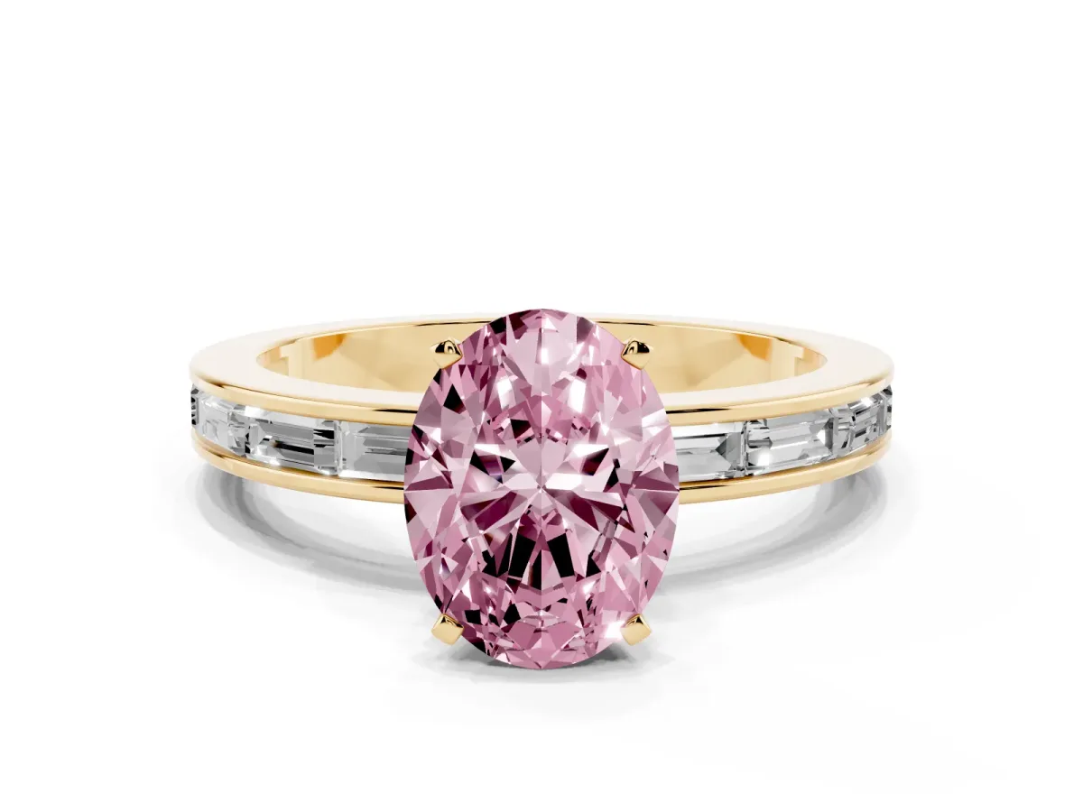 Fancy Pink Oval Cut Solitaire Diamond Ring with Channel-Set Baguette Band and Four-Prong Setting Yellow gold