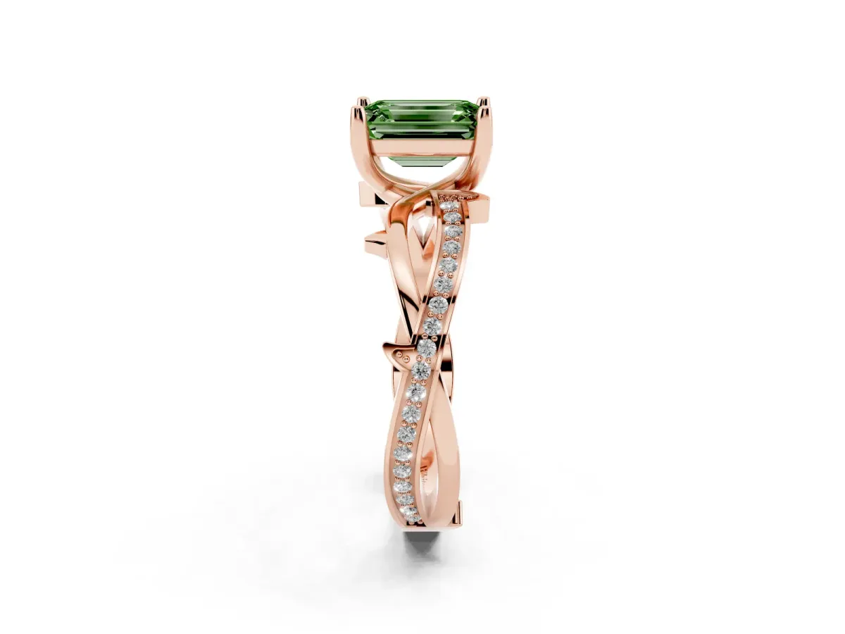 Fancy Green Emerald Cut Solitaire Twist Band with Pavé Accents and Four-Prong Setting Rose gold