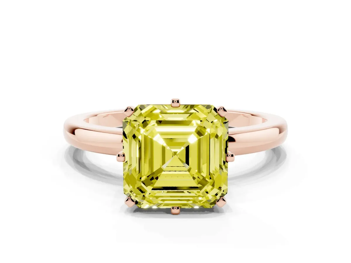 Fancy Yellow Asscher Cut Solitaire Diamond Ring with Six-Prong Setting on a Classic Band Rose gold