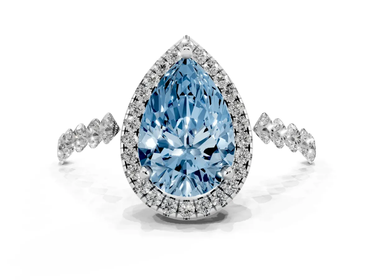 Fancy Blue Pear Cut Halo Pavé Diamond Engagement Ring with Four-Prong Setting Silver