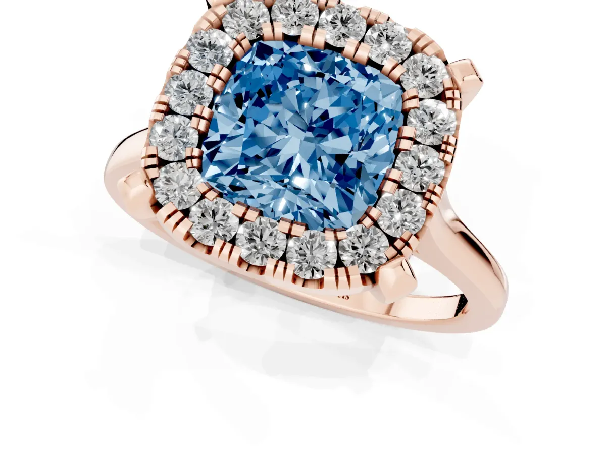 Fancy Blue Cushion Cut Diamond Cluster Halo Solitaire with Four-Prong Setting Rose gold