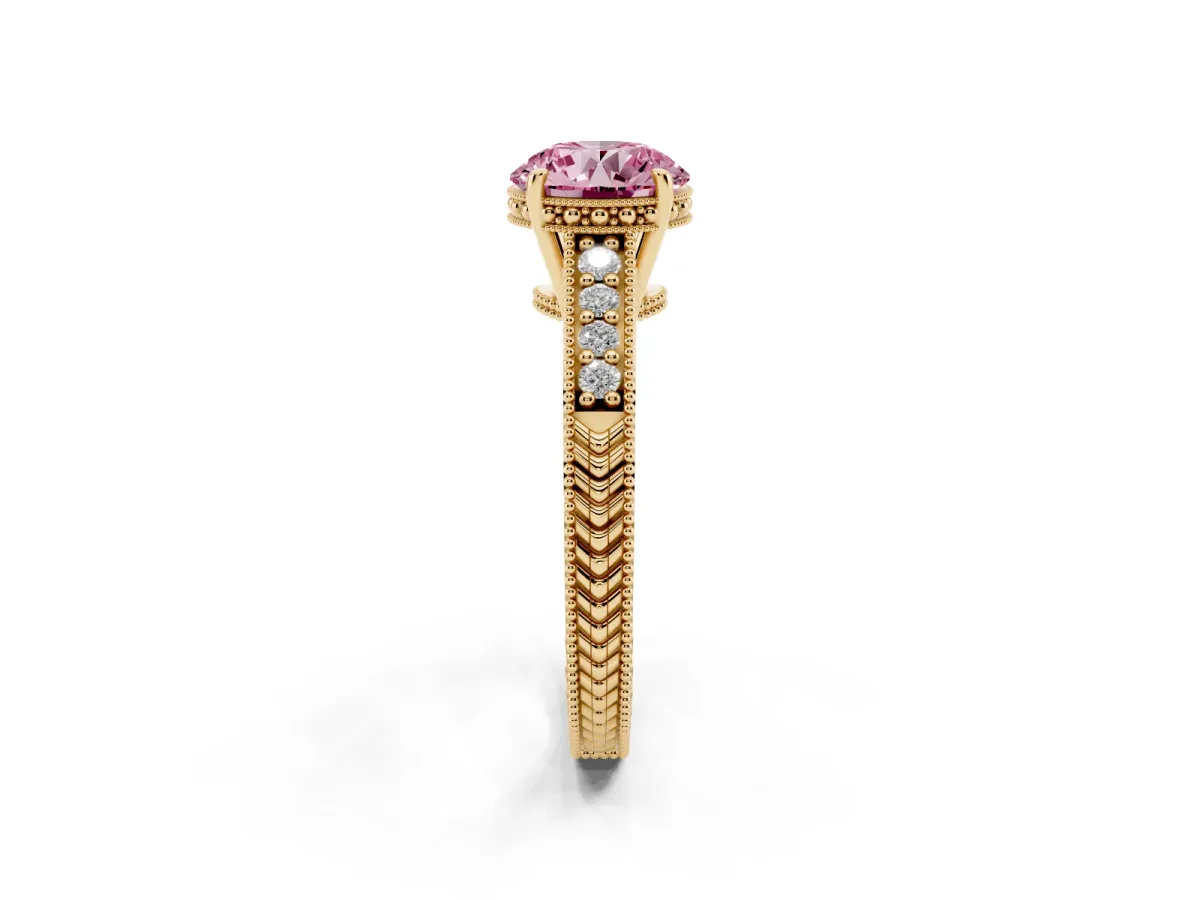 Fancy Pink Round Cut Solitaire Pavé Diamond Milgrain Engagement Ring with Four-Prong Setting Yellow gold