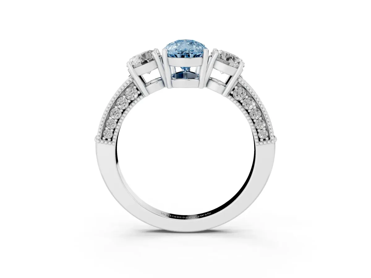 Fancy Blue Pear Cut Three-Stone Diamond Ring with Pavé Band and Four-Prong Setting Silver