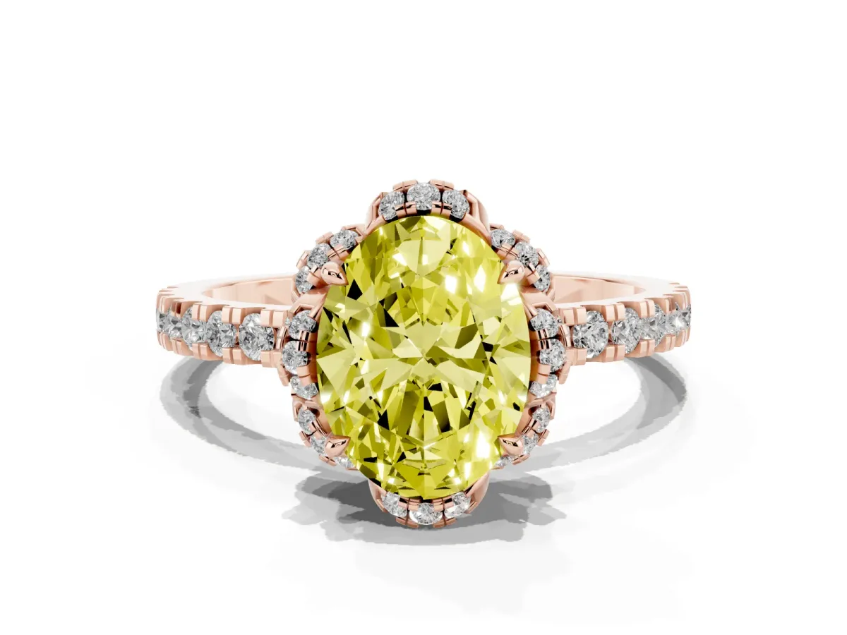 Fancy Yellow Oval Cut Diamond Halo Pave Band with Four-Prong Setting Rose gold