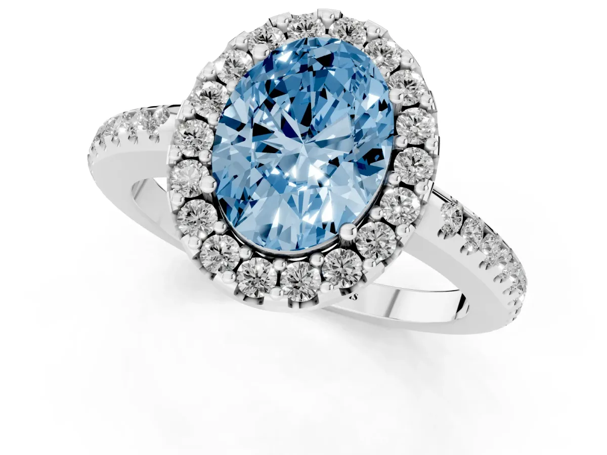 Fancy Blue Oval Cut Diamond Pavé Halo Ring with Four-Prong Setting Silver