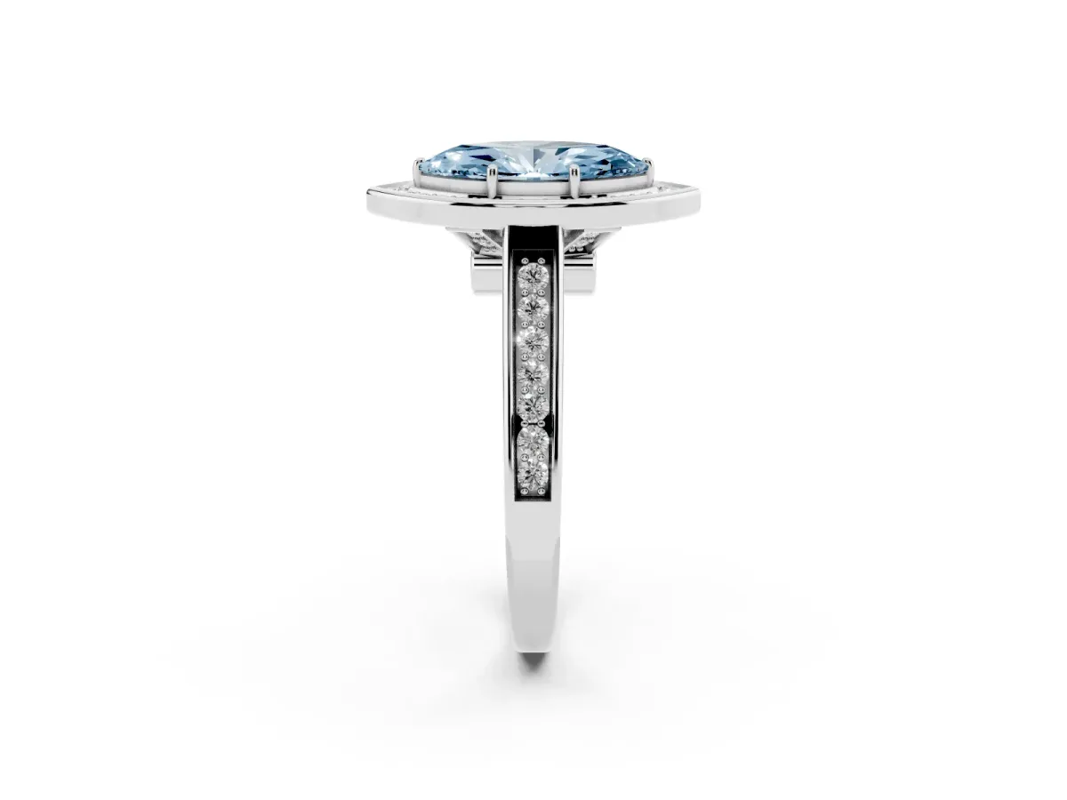 Fancy Blue Marquise Cut Halo Solitaire Diamond Ring with Pave Band and Bezel Setting Silver
