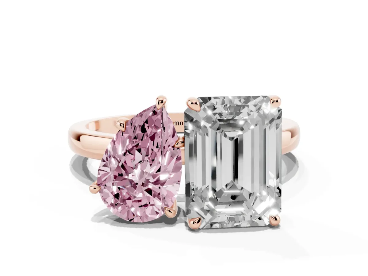 Fancy Pink Pear Cut and Emerald Cut Toi Moi Ring with Prong Setting Rose gold