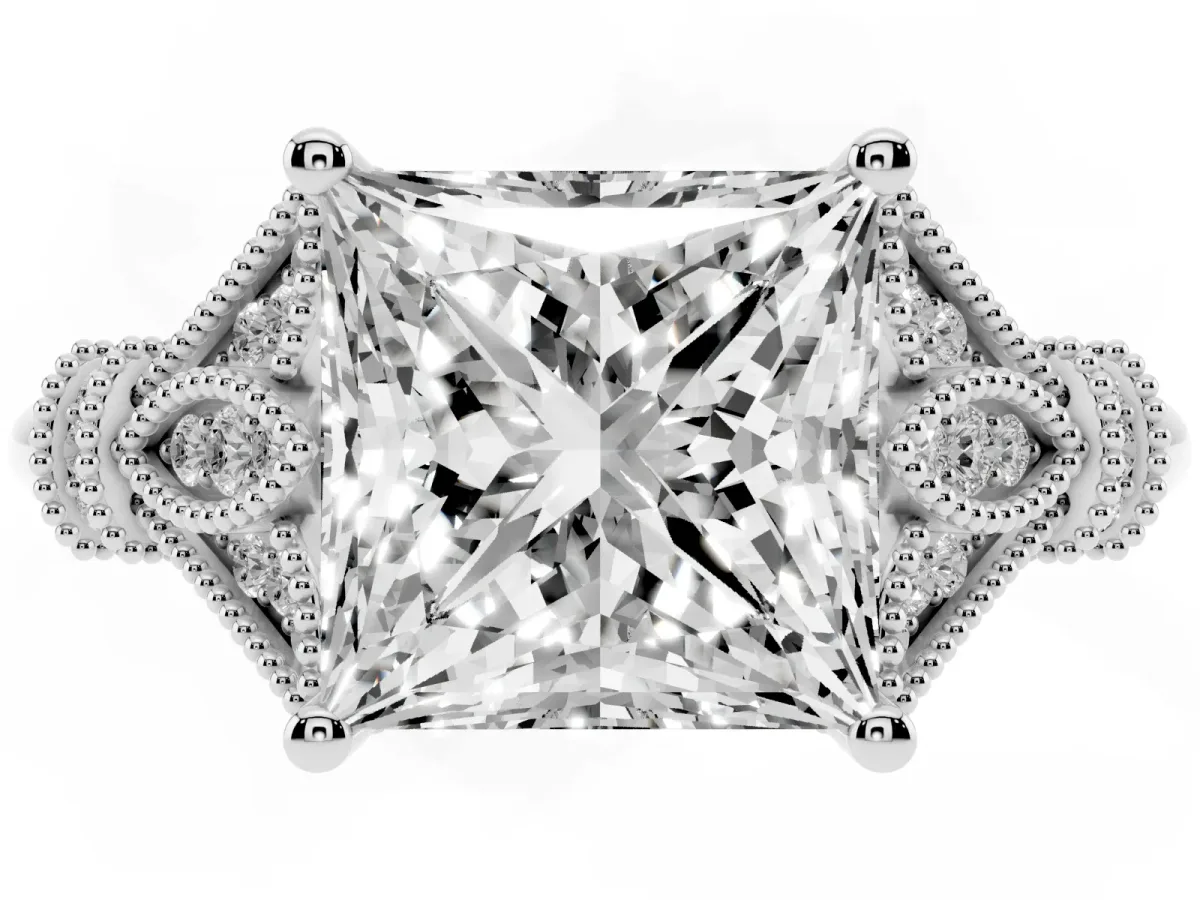 Princess Cut Diamond Solitaire Ring with Floral Filigree and Pave Accents White gold