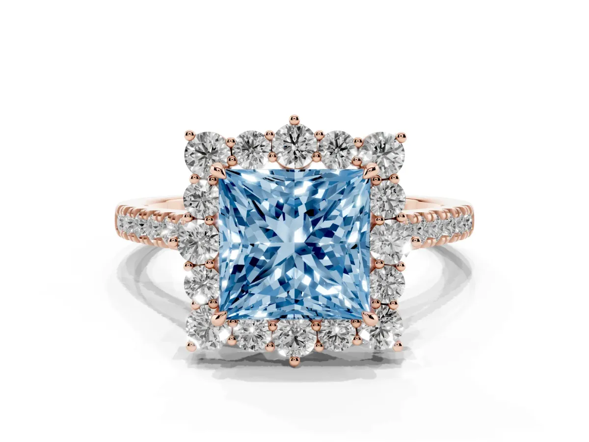 Fancy Blue Princess Cut Halo Diamond Ring with Pavé Band and Prong Setting Rose gold