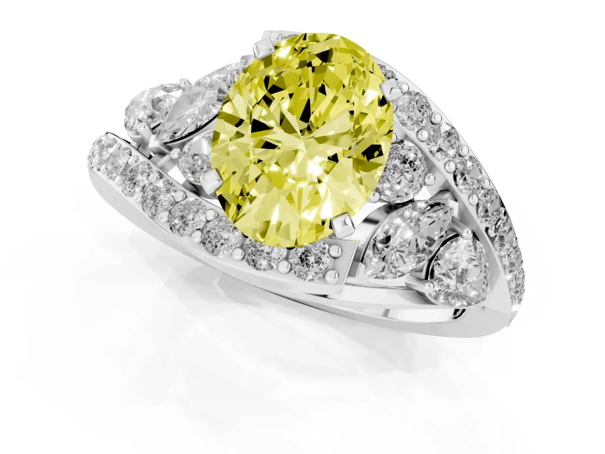 Fancy Yellow Oval Cut Diamond Halo Ring with Marquise and Pavé Band in Prong Setting Platinum