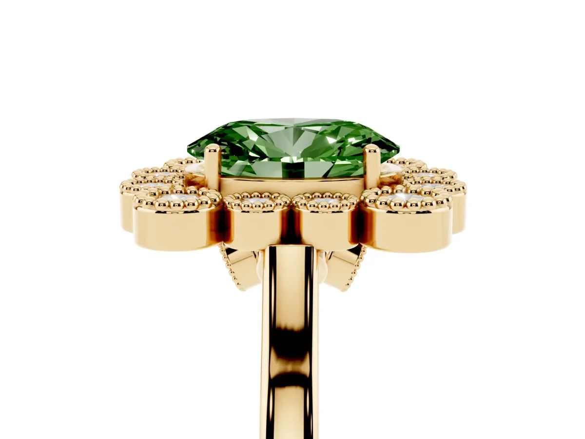 Fancy Green Oval Cut Halo Diamond Cluster Engagement Ring with Milgrain Bezel Setting and Solitaire Band Yellow gold
