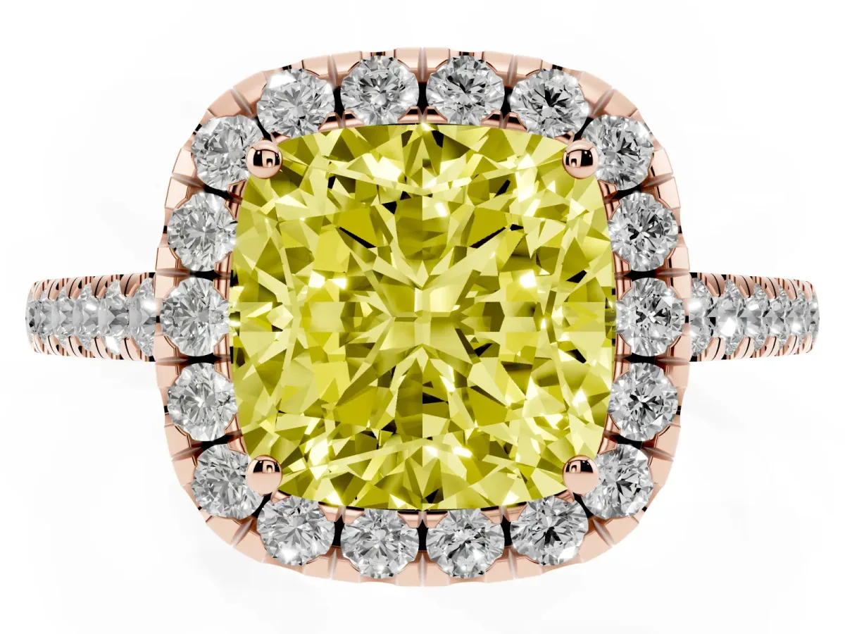Fancy Yellow Cushion Cut Halo Pave Diamond Engagement Ring with Four-Prong Setting Rose gold
