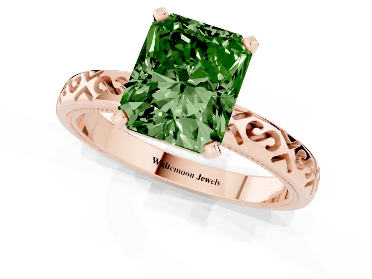 Fancy Green Radiant Cut Solitaire Engagement Ring with Scrollwork Band and Four-Prong Setting Rose gold