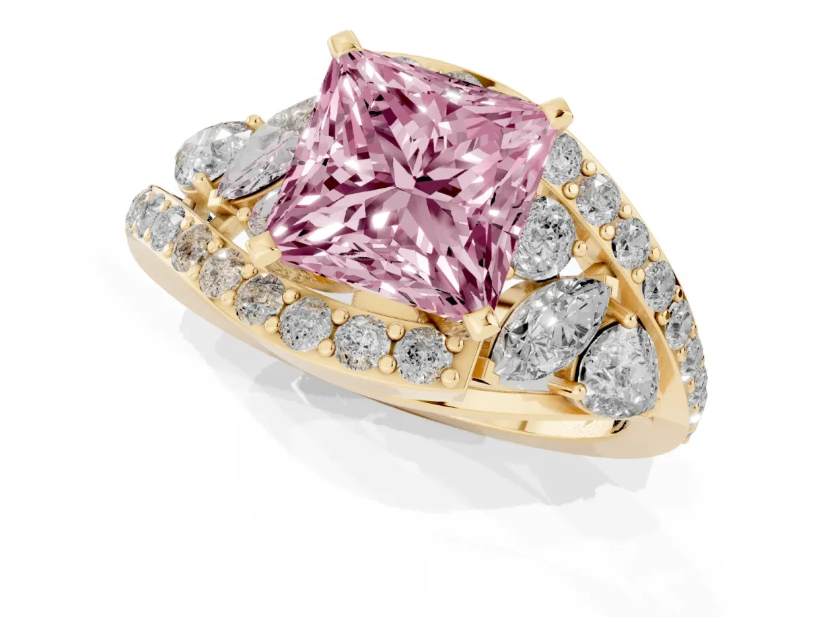 Fancy Pink Princess Cut Diamond Halo Ring with Marquise and Pavé Band in Prong Setting Yellow gold