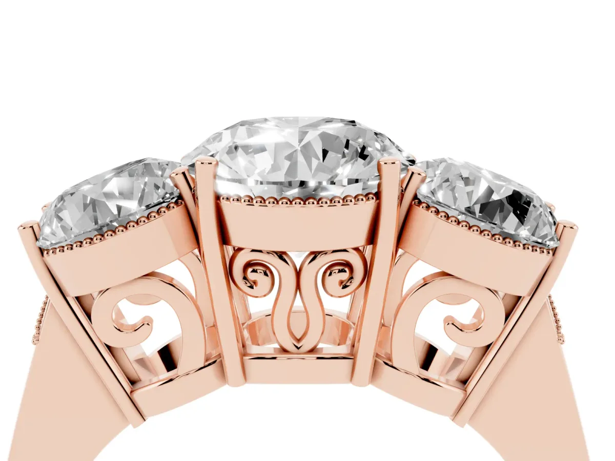 Three-Stone Round Cut Diamond Engagement Ring with Prong Setting on a Classic Band Rose gold