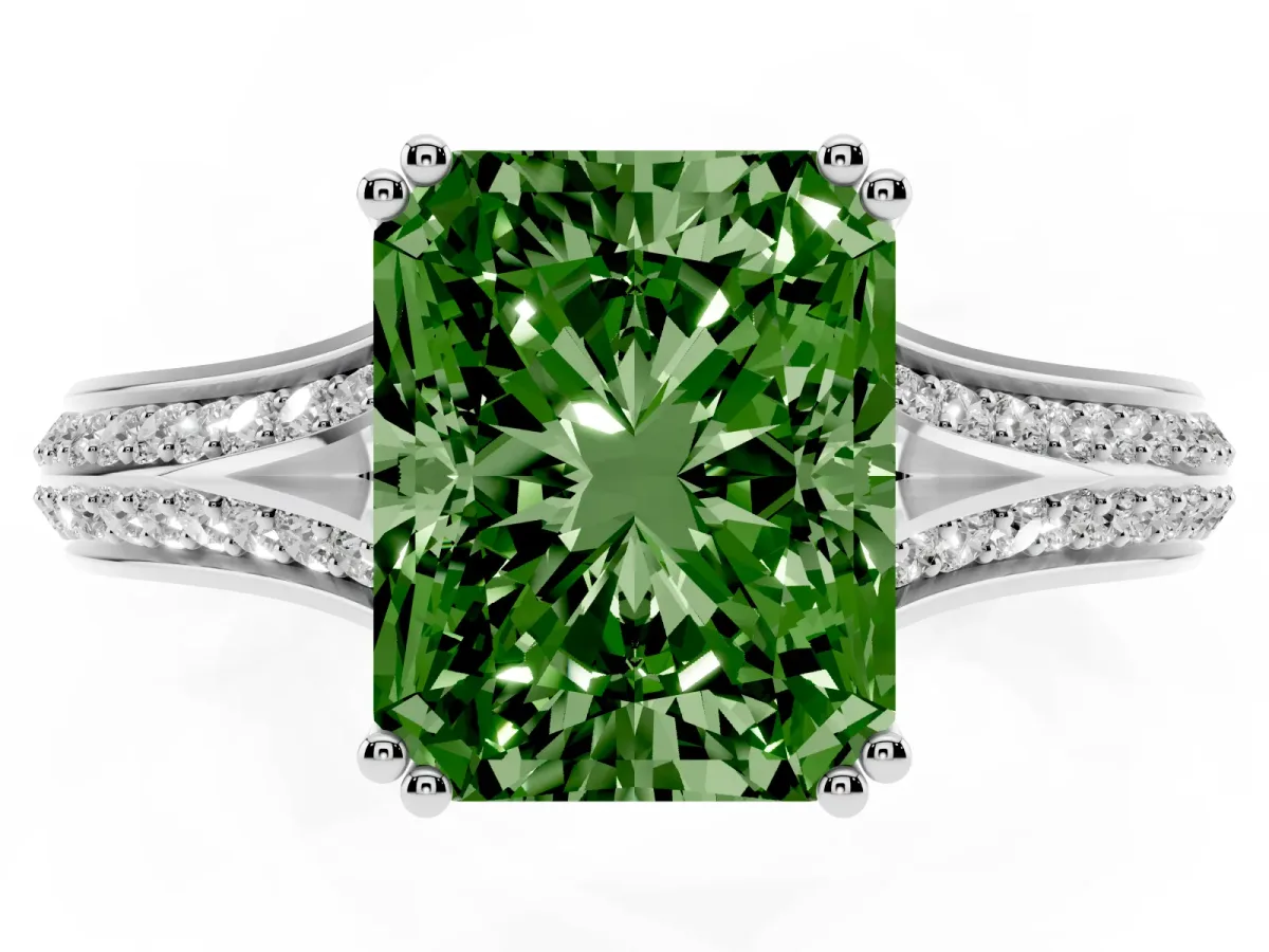 Fancy Green Radiant Cut Diamond Split Shank Engagement Ring with Pavé Band Silver
